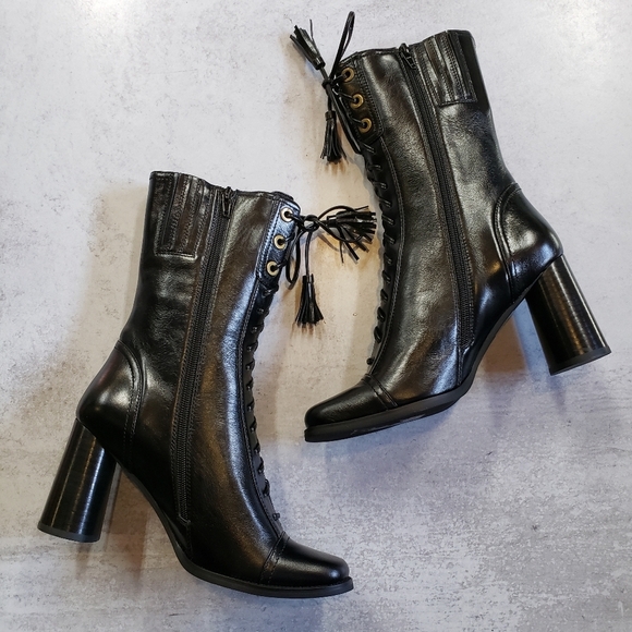 Jeffrey Campbell Hunt Lace Up Heel Leather Mid Boots Black SZ 8 - Picture 4 of 6